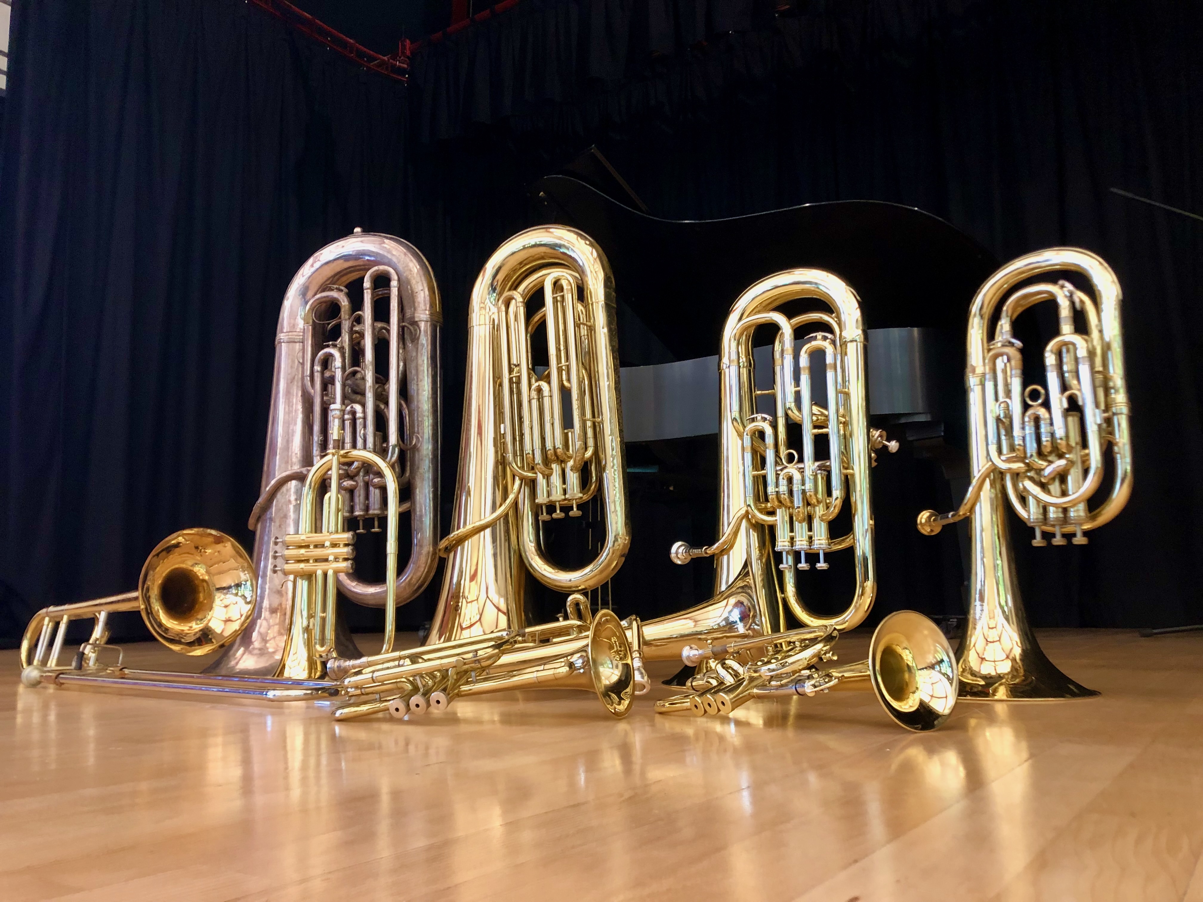 tuba, bass, Eb and Bb, euphonium, baritone horn, trombone, flugelhorn, tenor horn, cornet, soprano cornet. Brass band instruments that Jonathan Parapadakis played for a studio recording project