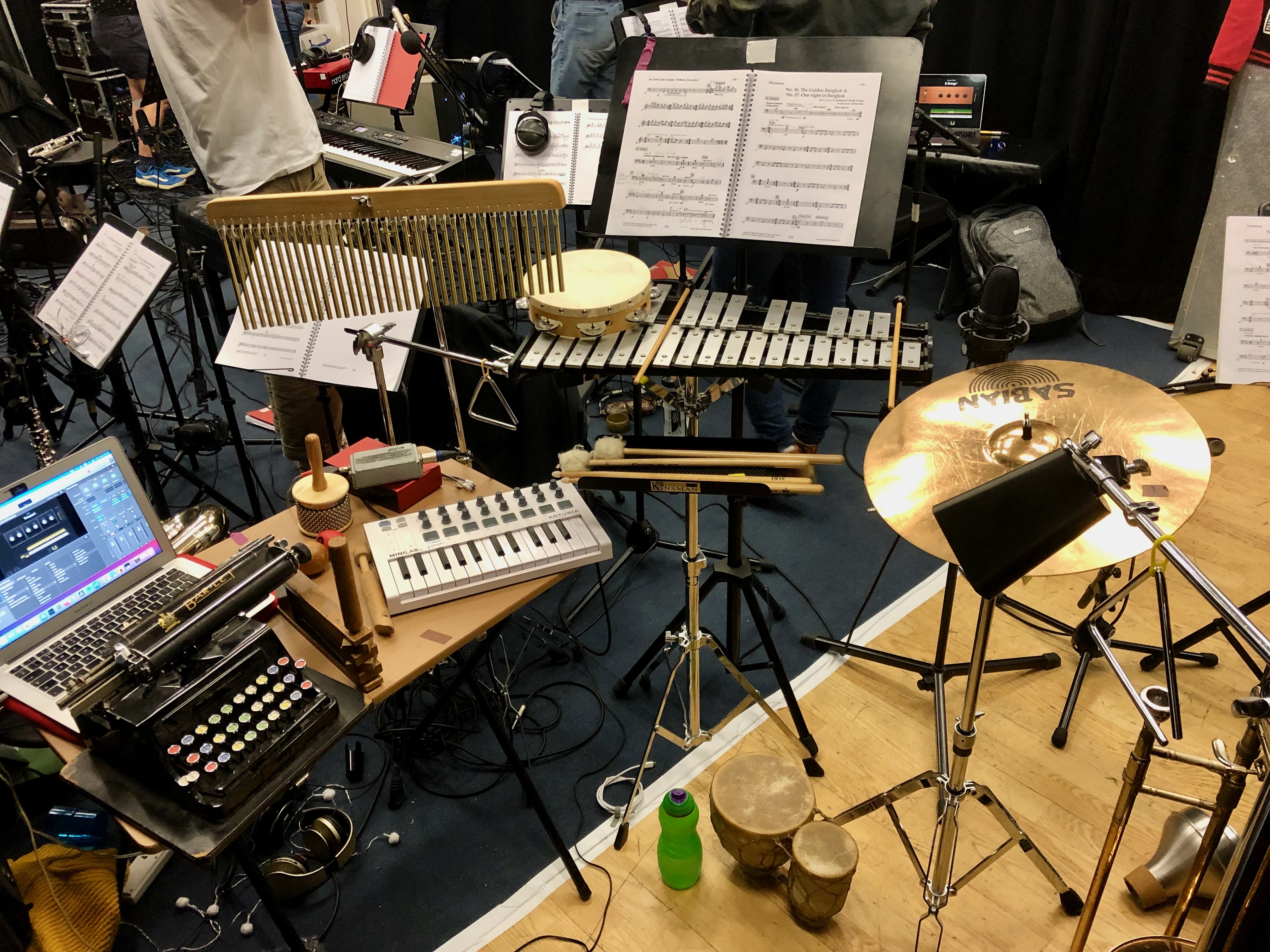Jonathan Parapadakis's percussion setup for musical theatre show Chess: tambourine, glockenspiel, cymbals, cowbell, triangle, ratchet, slide whistle, mark tree, chimes, bongos, typewriter, mainstage xylophone/timpani/tamtam/bass drum