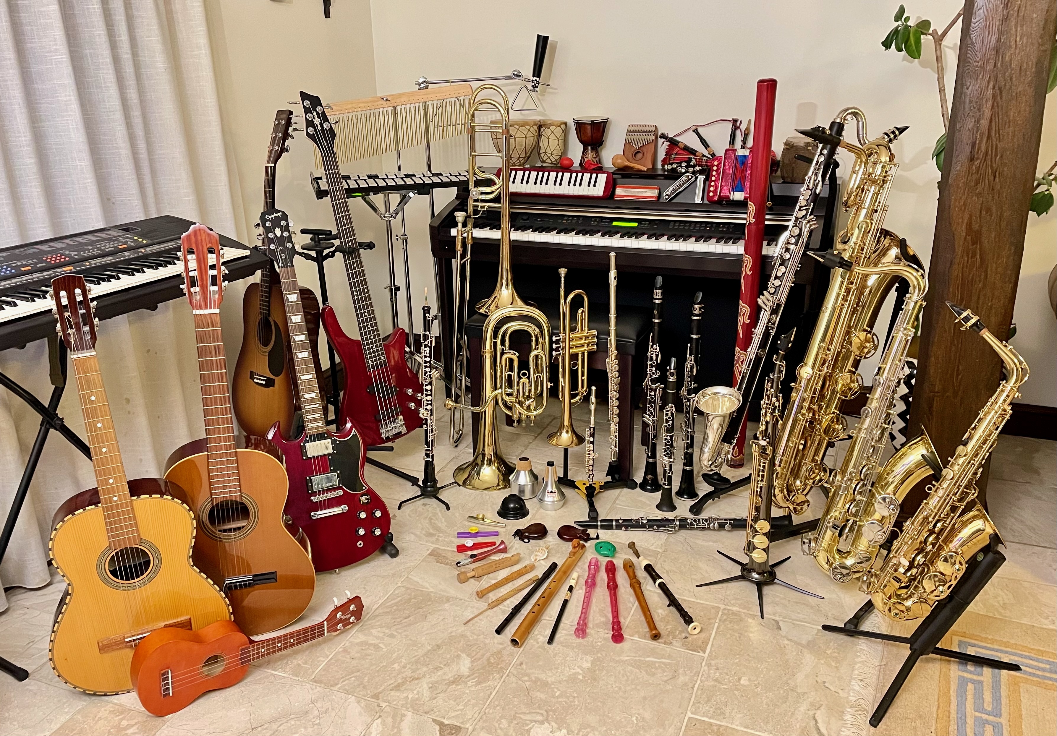 Jonathan Parapadakis instrument collection: guitars, baritone horn, trumpet, trombone, bass clarinet, Bb clarinets, Eb Clarinet, A Clarinet, Flute, Piccolo, Soprano Saxophone, Oboe, Tenor Saxophone, Alto Saxophone, glockenspiel, Baritone Saxophone, didgeridoo, ukulele, piano, keyboard, clavinova, mark tree, triangle, cowbell, bass guitar, bagpipes, harmonicas, melodica, egg, bongos, djembe, kalimba,maracas, shaker, accordion, recorders, native american flute, kazoos, slide whistles, castanets, mutes.