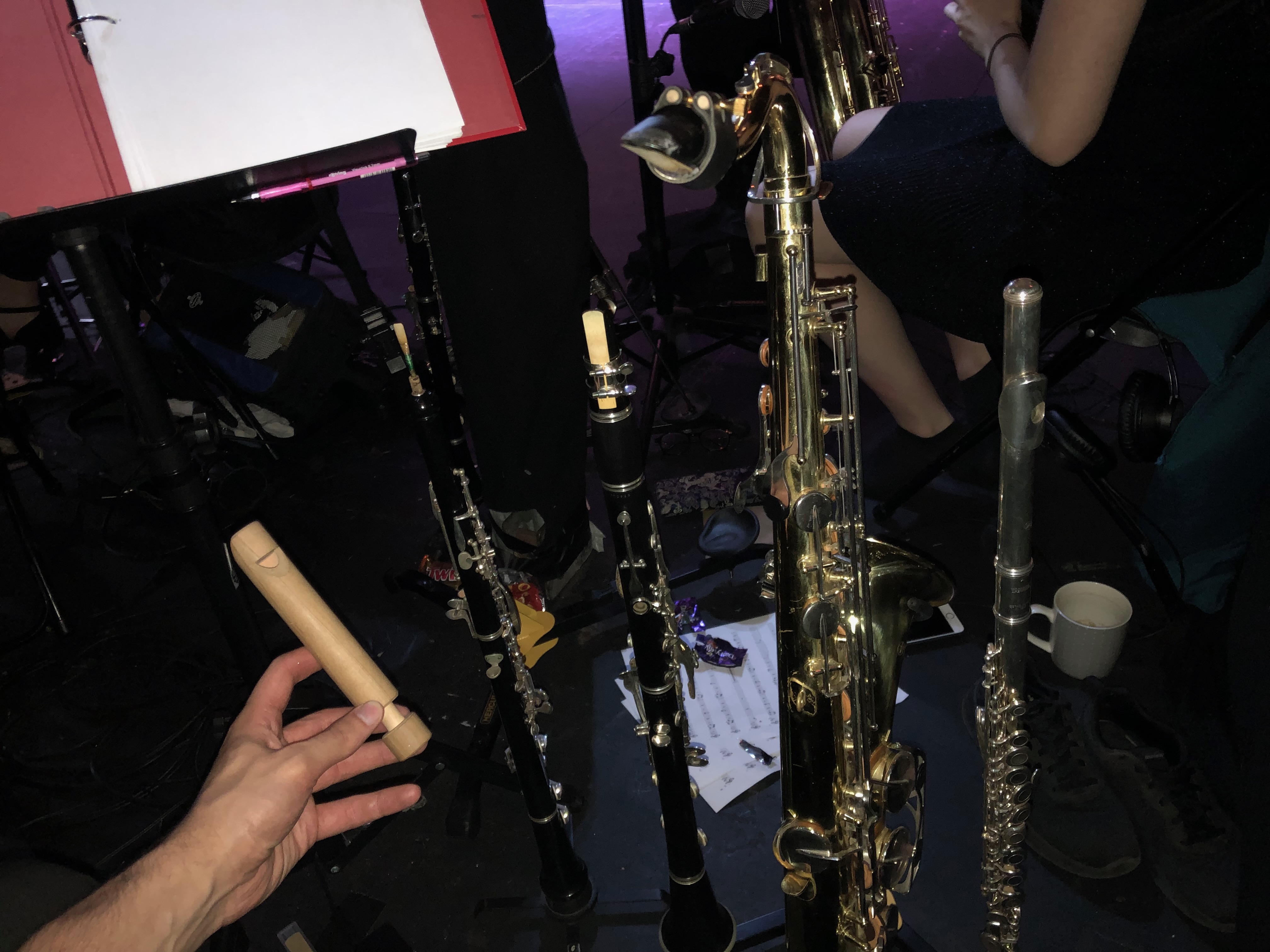 Jonathan Parapadakis playing flute, clarinet, oboe, tenor saxophone and slide whistle for musical theatre show Company.