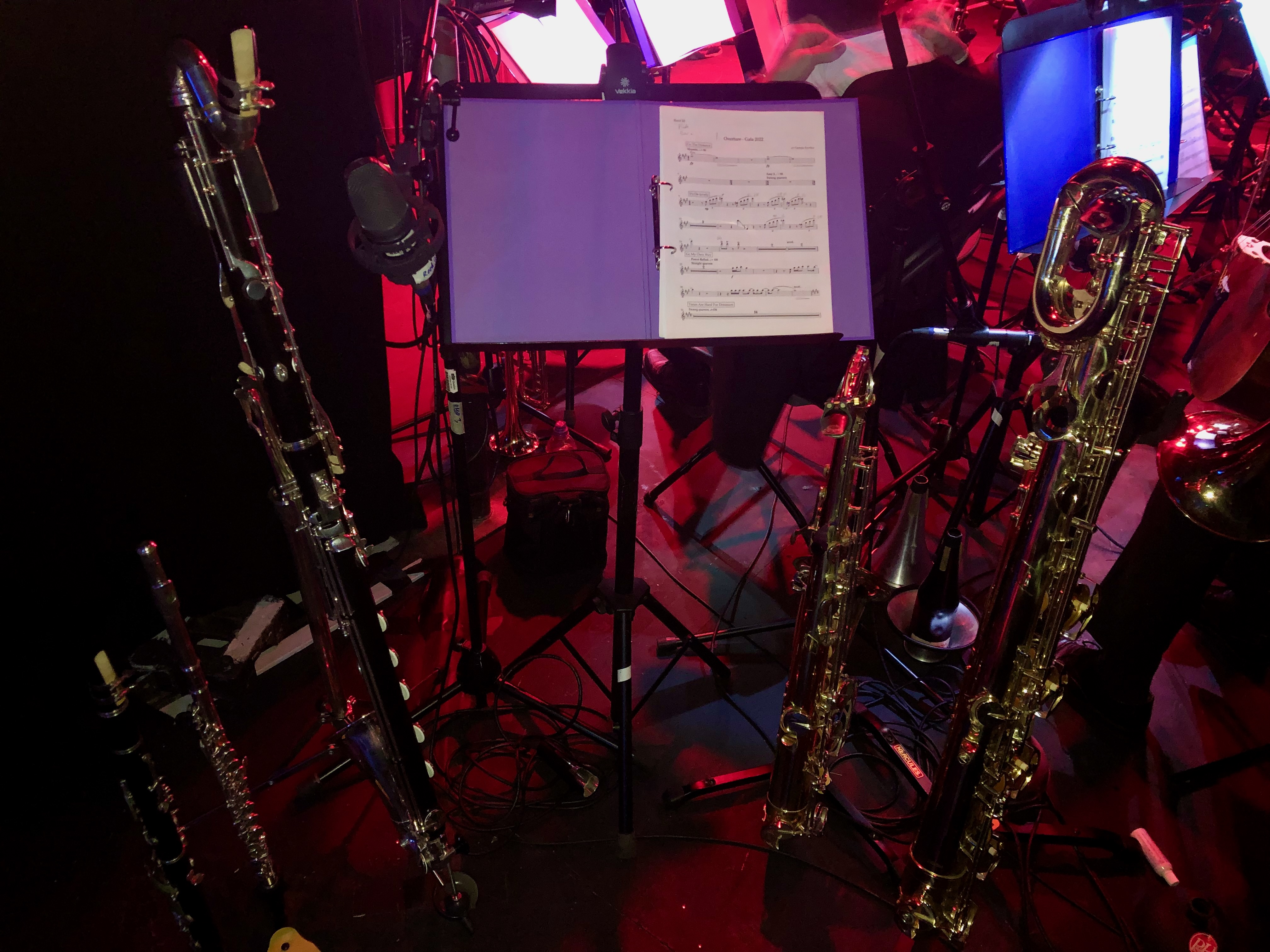 Jonathan Parapadakis playing flute, clarinet, bass clarinet, tenor saxophone and baritone saxophone for a musical theatre gala concert