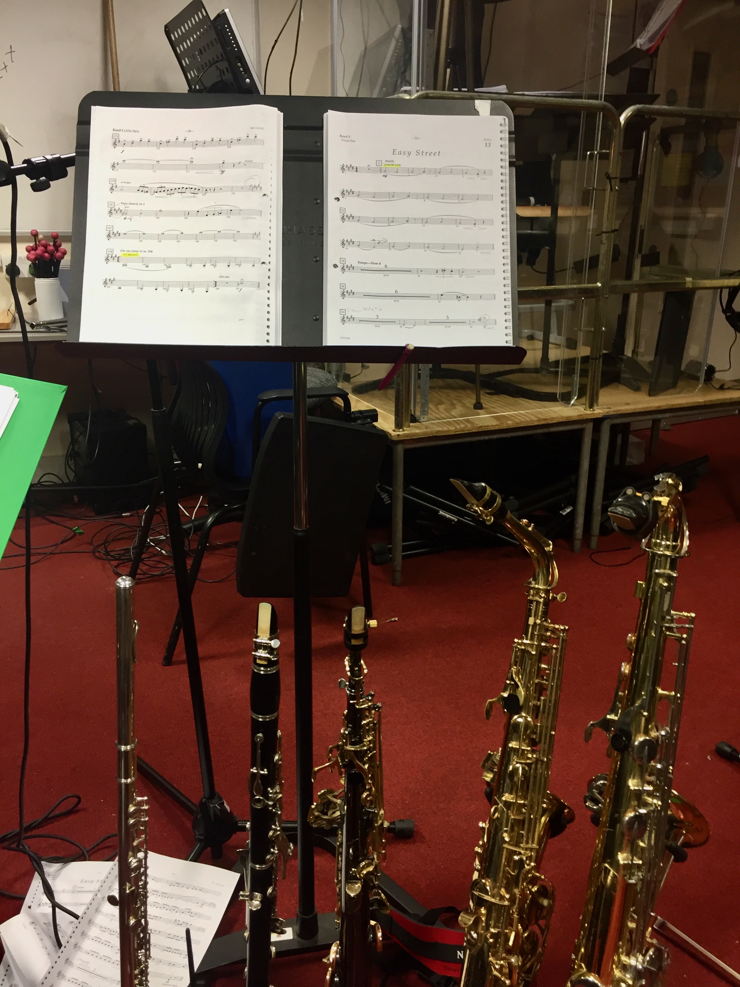 Jonathan Parapadakis playing flute, clarinet, soprano saxophone, alto saxophone and tenor saxophone for musical theatre show Annie